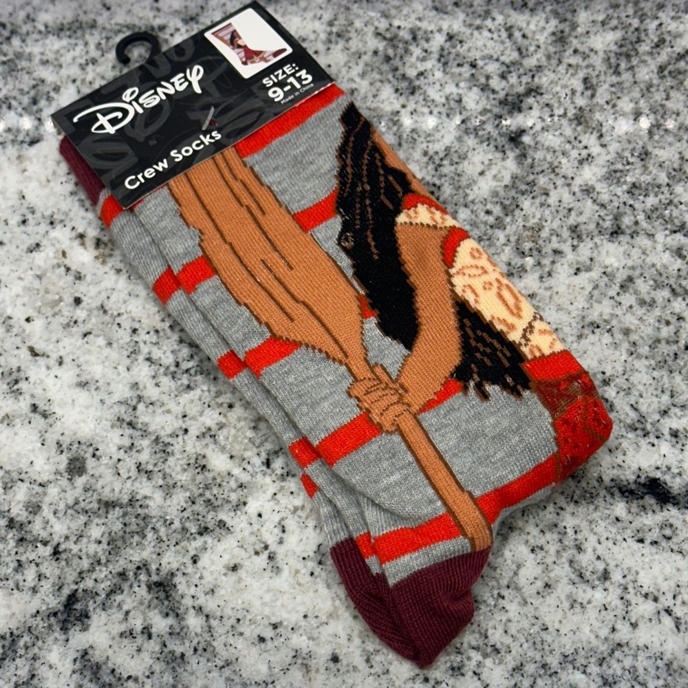 Disney Womens 9-13 Crew Socks Grey Moana Striped Tropical Voyager Princess movie